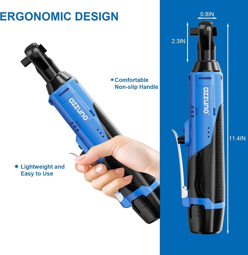 AZZUNO 3/8" Electric Ratchet Wrench Set 30 Ft-lbs Cordless Ratchet Wrench 300 RPM Power Ratchet Tool Kit with 2 x 2000mAh Lithium-Ion Battery, Fast Charger, 7 Sockets and 3" Extension Bar - Image 3
